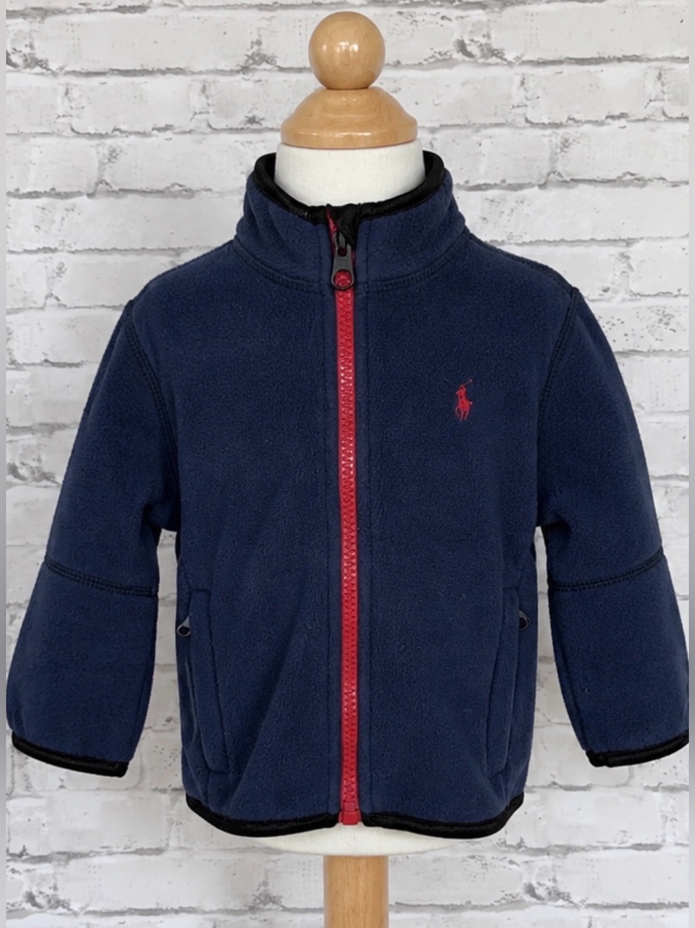 Polo Ralph Lauren Baby Boys Fleece Jacket 12M Navy Red Full Zip Pony Fall Winter